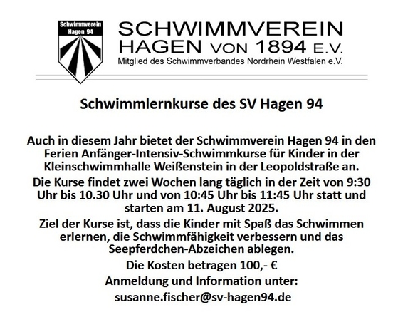 SV Hagen 94 - Seepferdchenkurse in den Sommerferien - im neuen Fenster öffnen.